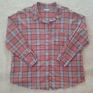BaeVely Casual Plaid Button-Down Shirt in Blue and Orange/Coral With Pockets.